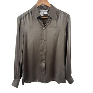 Max Mara 100% Silk Button Up Shirt Womens Size 10 Taupe Brown Classic Minimalist